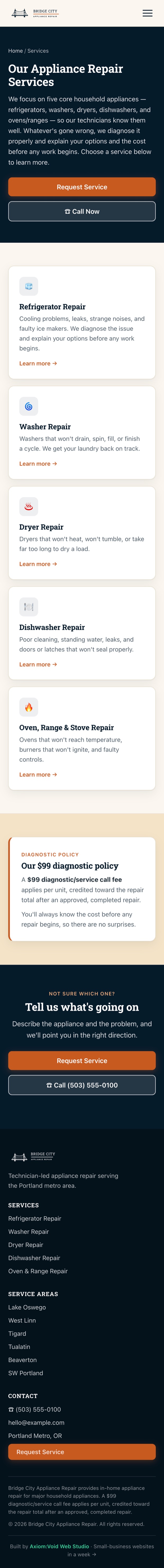 Bridge City Appliance Repair — services page, mobile view