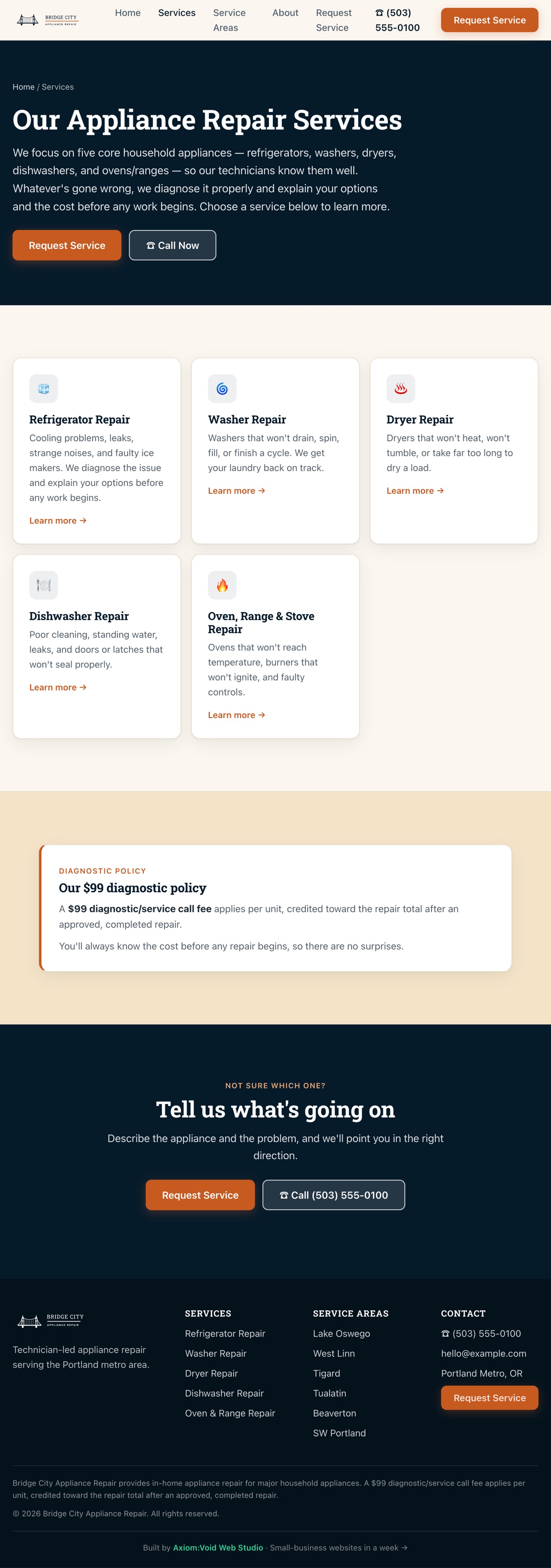 Bridge City Appliance Repair — services page, desktop view
